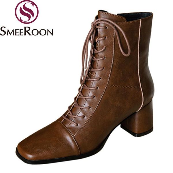 

boots smeeroon 2021 women brand genuine leather thick heels square toe autumn winter ankle, Black