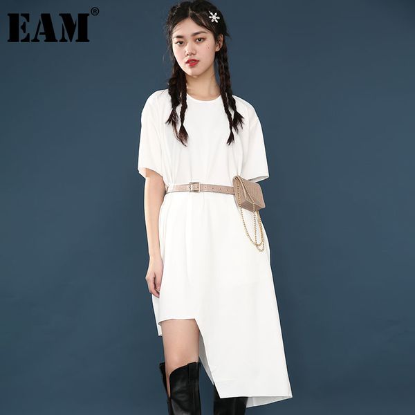 

[eam] women white black irregular big size long t-shirt round neck half sleeve fashion spring summer 1w59700 210512