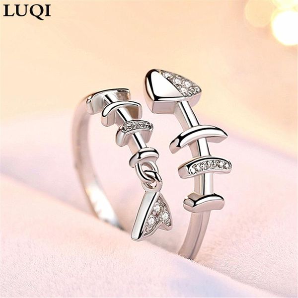 

silver bottom thick platinum personalized fish bone shape tail zircon small pendant open ring jjz196 cluster rings, Golden;silver