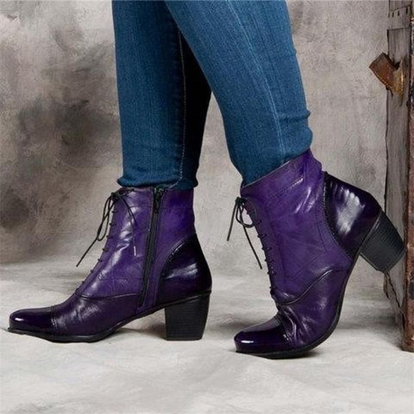 

boots women ankle ladies chaussure gladiator booties winter autumn vintage pu lace up shoes woman zapatos mujer sapato h382, Black