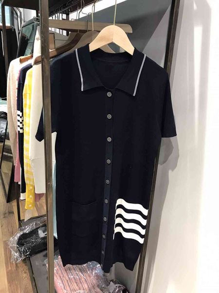 

tb stripe dress 1287 summer academic polo collar short sleeve knit skirt single breasted style skirt, Black