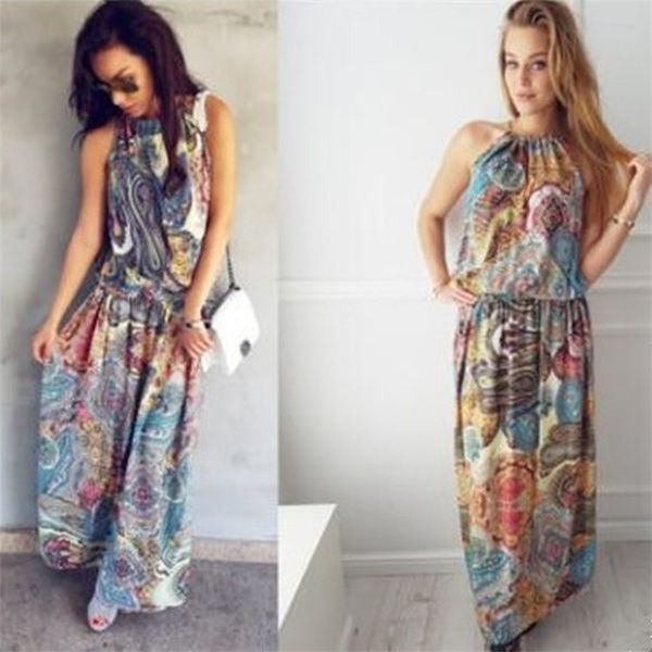 

new bohemian print chiffon beach sleeveless round neck jumpsuit dress, Black;gray