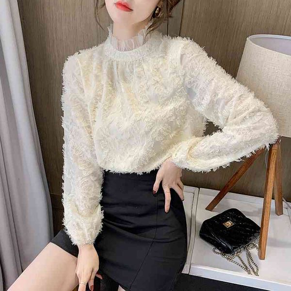 

long-sleeve female blouse with fringe, for office work, White