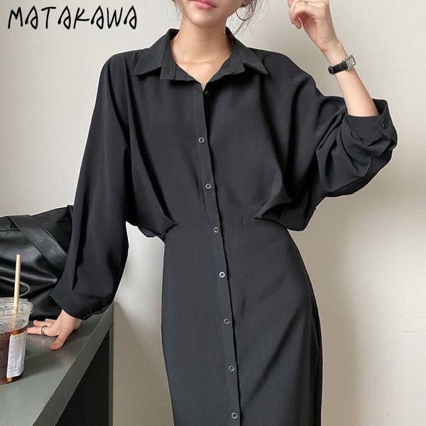 

matakawa french elegant lapel femme robe single-breasted loose vestido feminino chic shirt tie slim waist long dress women 210513, Black;gray