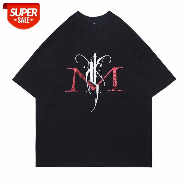 

american high street dark gothic letter printed t-shirt loose wings embroidery round neck short sleeve tee male #iw8n, White;black