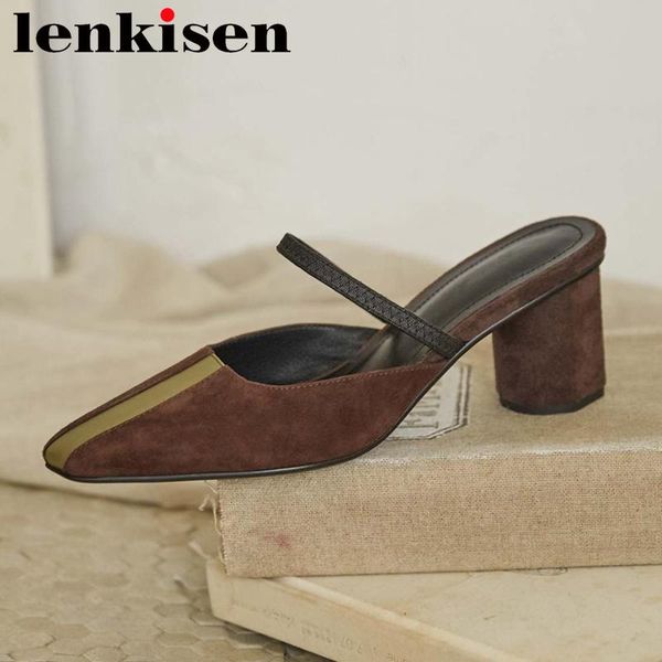 

lenkisen fashion genuine leather small square toe high heels women slip on mules mixed color vintage cozy summer sandals l41, Black