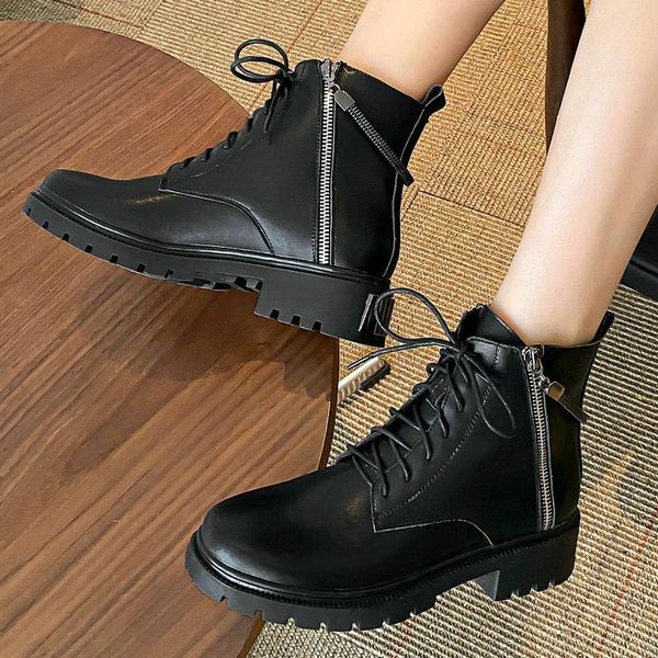 

boots cross tied shoes woman 2021 winter genuine leather chunky heels ankle for women concise working basic size41 42, Black