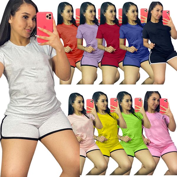 

plus size 2xl summer tracksuits women two piece sets t-shirt shorts solid outfits short sleeve pullover shirts capris crew neck sportswear c, Gray