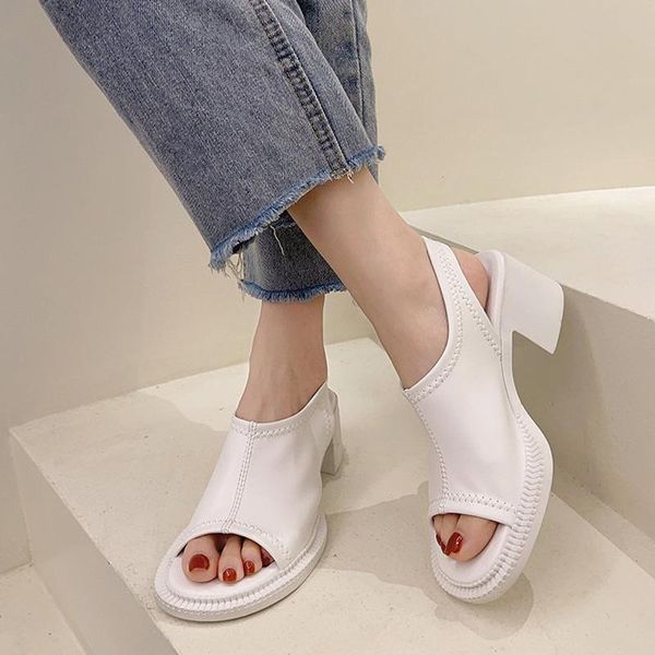 

sandals 2021 fashion summer women pu leather chunky block heels platform female simple sewing solid color peep toe shoes, Black