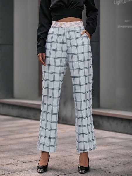

plaid slant pocket straight leg pants 67r0#, Black;white
