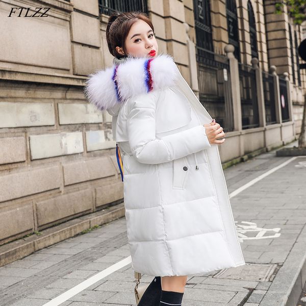 

winter elegant women long parka cotton coat loose fur collar hooded zipper jacket outwear 210423, Black