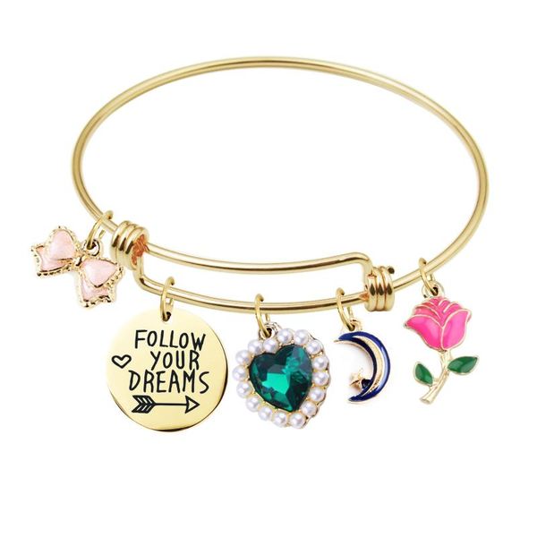 

charm bracelets follow you r dreams stainless steel bracelet female mom christmas gift fashion jewelry adjustable emerald bow valentine&#039, Golden;silver