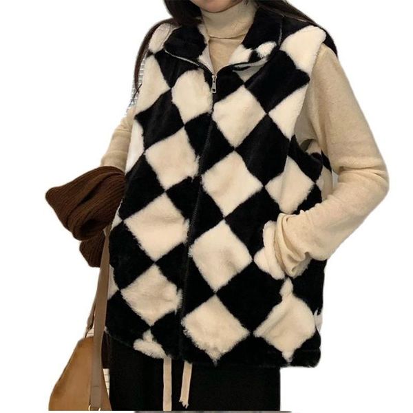 

women's vests fashion plaid plush waistcoat female jacket winter 2021 fur all-in-one zipper cardigan coat women, Black;white