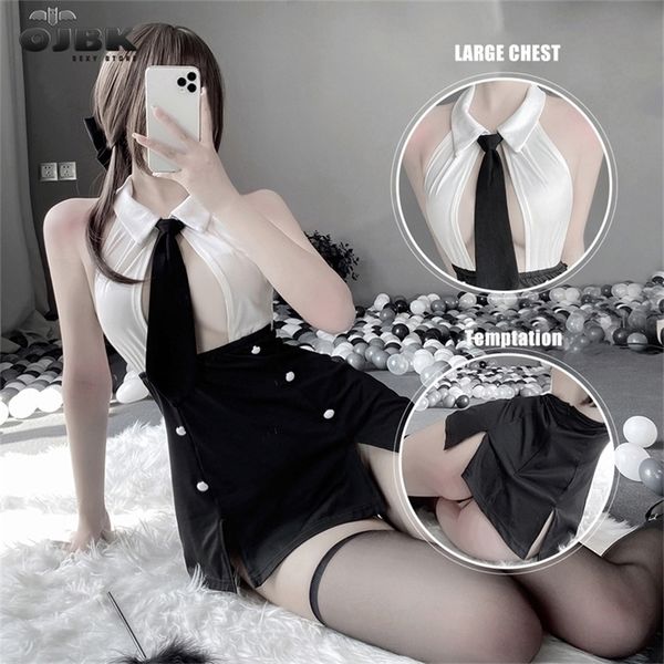 Donne Sexy Lingerie Halter Petto Aperto Uniforme Office Lady Erotic Costumi Cosplay Outfit Bianco Nero Scava Fuori Mini Abito 220211