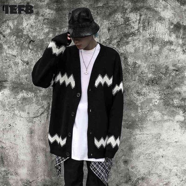 

iefb / jacquard weave stripe v collar sweater for men and women lovers autumn single breasted cardigan cloth 19h-a124 210524, White;black