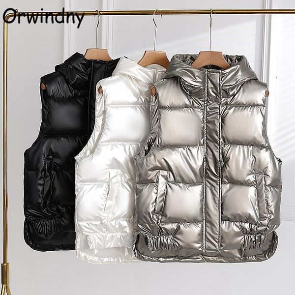 

women's vests orwindny glossy vest warm cotton short waistcoat 2021 fashion waterproof padded female autumn sleeveless coat, Black;white