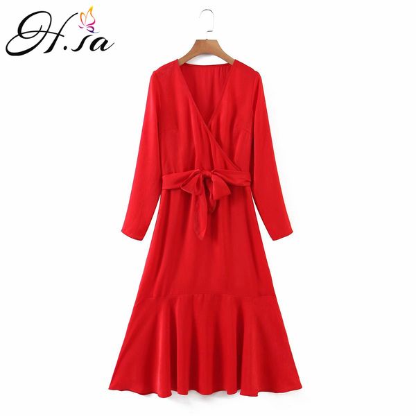 

h.sa women long sleeve dress low v neck red bow tied waist pleated vestidos female chic elegant dresses 210417, Black;gray