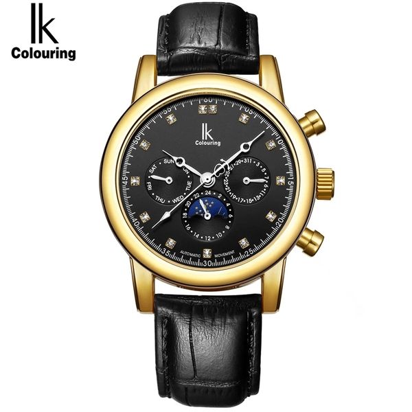 

i notice luxury diamond automatic mechanical clock casual leather band moon phase business gentlemen, Slivery;brown
