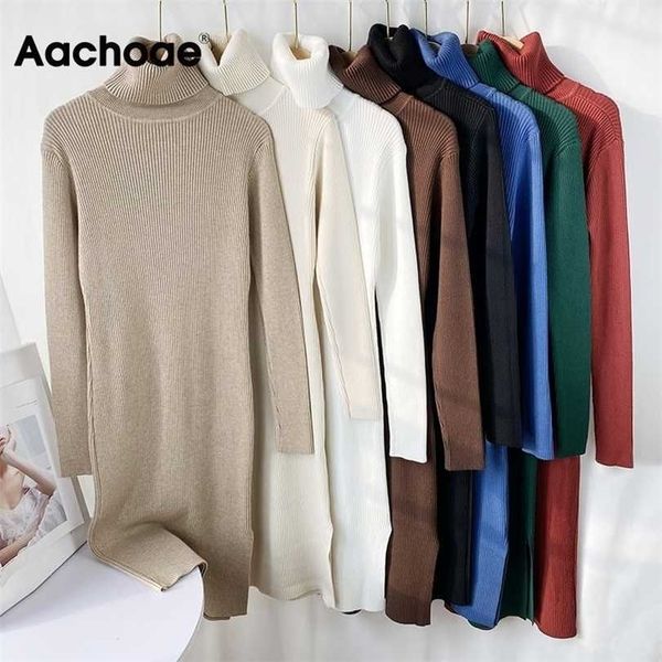 

aachoae solid knitted long dres autumn winter turtleneck sleeve sweater lady split loose casual vestidos 211220, Black;gray