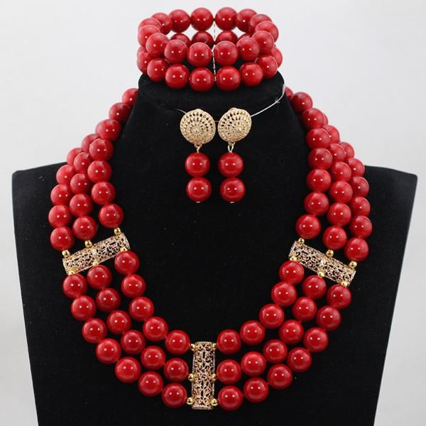 Ohrringe Halskette Charmante rote runde Perlen Afrikanisches Schmuckset Dubai Brautschmuck Set Big WD993