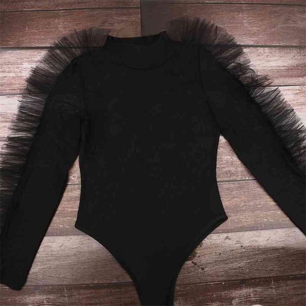 Omsj Black Mesh Trasparente Bodysuit Manica Lunga Teach Patchwork Sexy Bodycon Tuta Moda Club Party Body Top Mujer Playsuit 210517