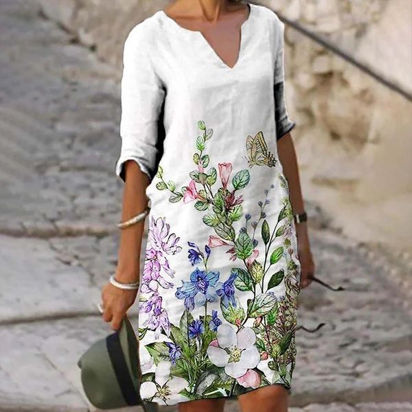 

elegant summer vintage print women dresses v neck half sleeve a line sundress fashion female loose vestidos, Black;gray
