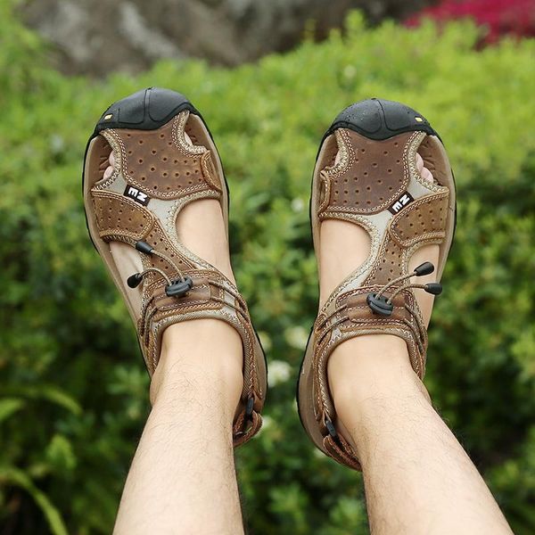 

sandals 2021 summer men's outdoor climbing soft bottom breathable large size baotou leather sports and leisure beach s, Black