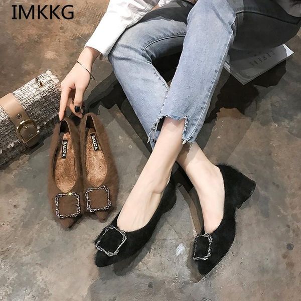 

dress shoes womens cover foot thick with artificial short plush low heel suede shallow mouth pointed toe women pumps f053, Black