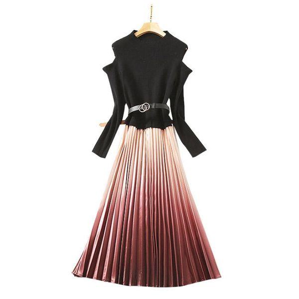 

casual dresses ladies fashion autumn winter clothes cut out shoulder long sleeves high collar knitted patchwork pleated midi dress, Black;gray
