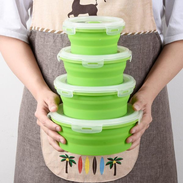 

4pcs silicone collapsible lunch box storage container bowl round folding portable picnic camping rectangle outdoor lunchbox dinnerware sets