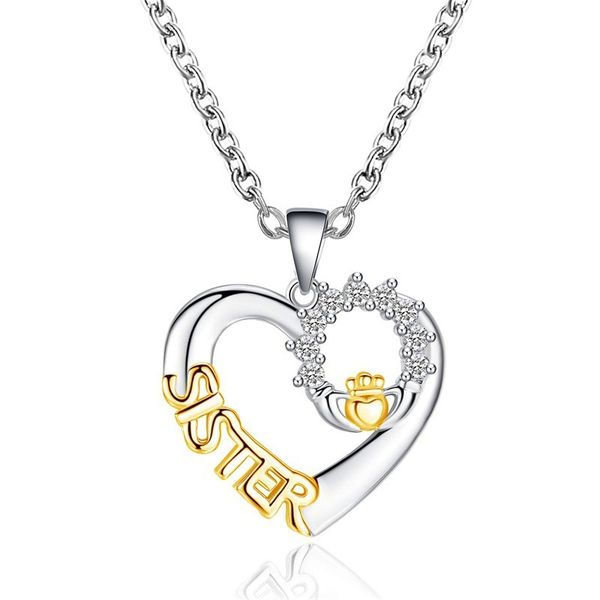 

sister necklaces women's fashion heart hand crown pendant sister letter zircon necklace sisters gifts jewelry heart necklace, Silver
