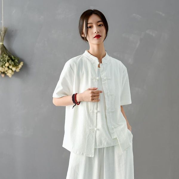 

women's blouses & shirts 2021 summer wear national style vintage shirt coat morning exercise taiji suit, White