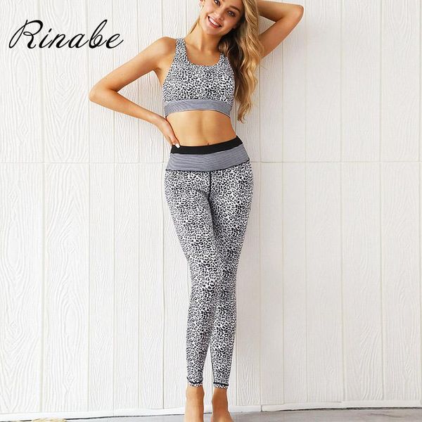 

rinabe leopard print tracksuit women stripe yoga leggings 2 piece set workout gym wear sportswear sports bra1, White;red
