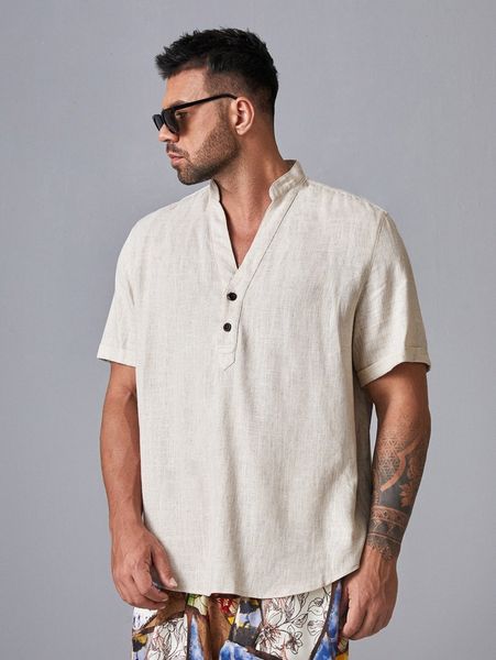 

extended sizes men notched neck half button shirt 25go#, White;black