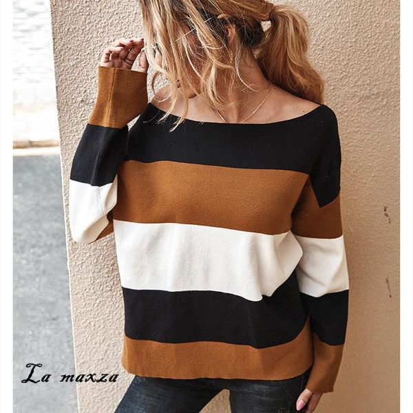 

winter casual striped women sweater fashion vintage o-neck flare sleeves loose pullovers women's sweaters, White;black