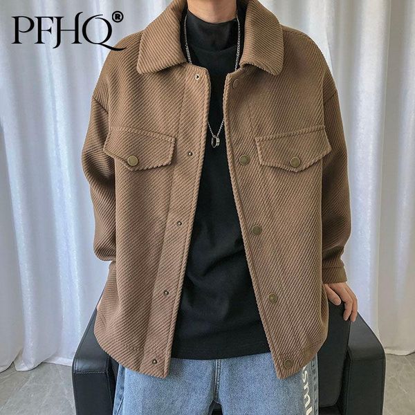 

men's jackets pfhq korean corduroy jacket men's slim fashion retro short woolen coat streetwear loose autumn casual male trend 21d2, Black;brown