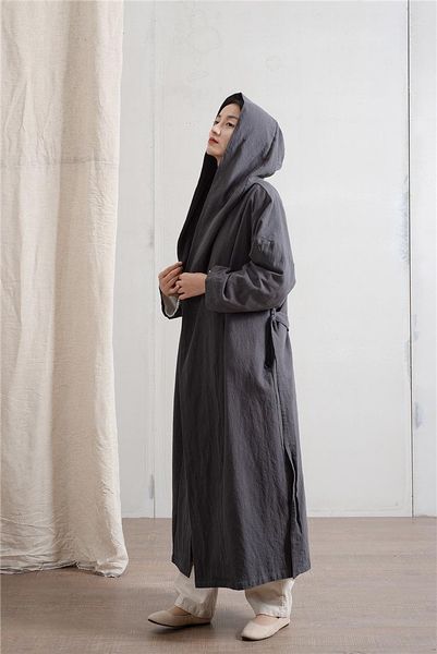 

women's trench coats 2021 spring and autumn cotton linen women clothing original sand washing flax hooded cap windbreaker loose coat ro, Tan;black