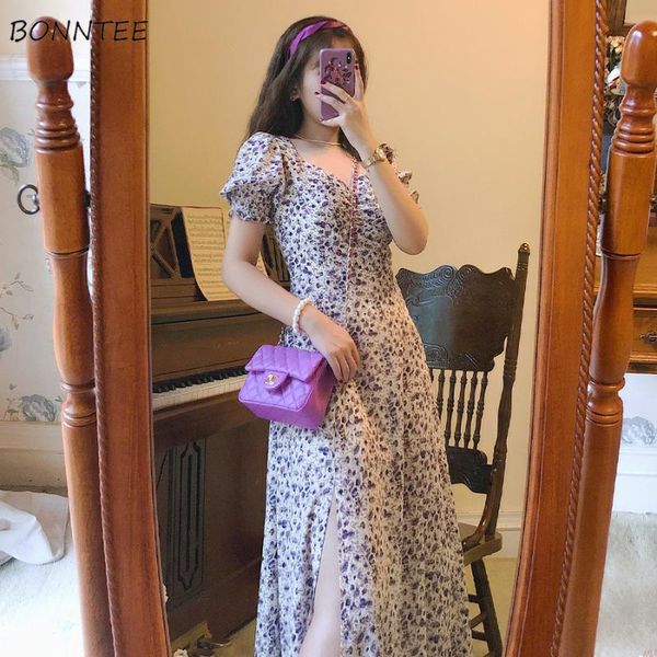 

party dresses short puff sleeve women fairy ankle length female square collar french retro sweet purple vestido floral summer vacation, White;black