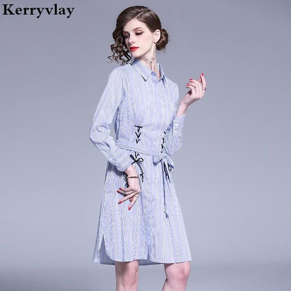 

casual dresses spring long sleeve striped office shirt dress vestidos mujer 2021 women midi party korean kleider damen k6186, Black;gray