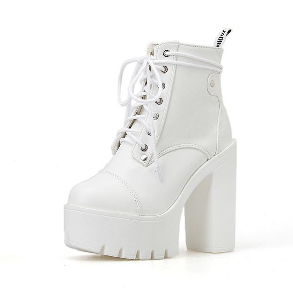 

boots fashion women gothic lace up ankle punk shoes ultra very high heel bootie block chunky white heels yma895, Black