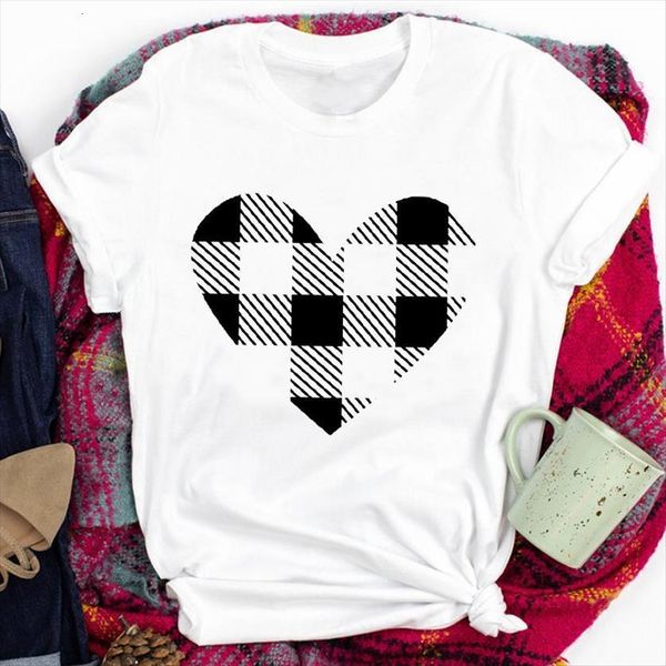 

plaid love heart year women short sleeve tees merry christmas print clothes graphic female t shirt, White