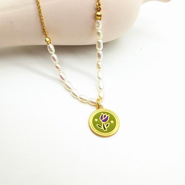 

pendant necklaces european and american clavicle chain freshwater pearl simple necklace retro enamel color tulip bamboo female, Silver