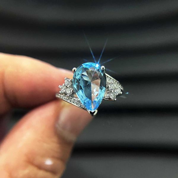 

wedding rings fashion water drop ring dazzling cut blue cubic zircon 925 silver luxury elegant jewelry for women statement gift, Slivery;golden