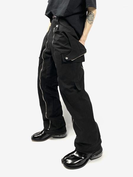 

men's pants korean style street fashion zipper loose wide leg personality stitching straight overalls men trousers, Black