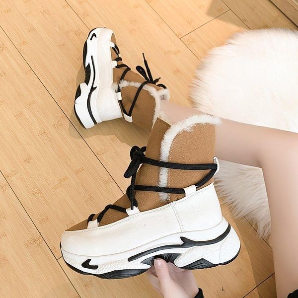 

boots 2021 leather women snow winter platform shoes ankle for non-slip keep warm wool women's sneakers, Black