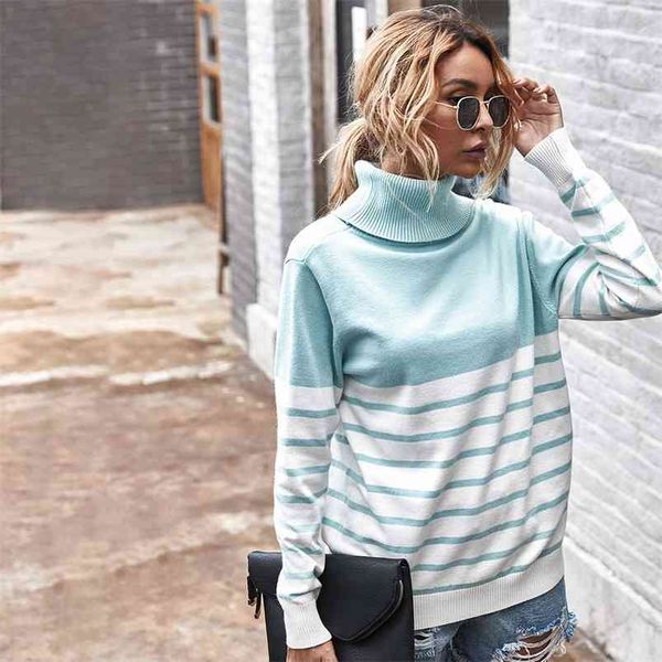 

turtleneck knitted stripe sweater pullovers female green oversized jumper casual basic autumn winter pell femme 210427, White;black