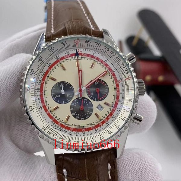 

46mm quartz chronograph mens watches luminous red hands watch black rubber band wristwatches with three working subdials, Slivery;brown