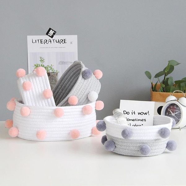 

storage baskets ins pompom cotton rope handmade woven dirty clothes laundry basket kids toys desksundries organizer hamper