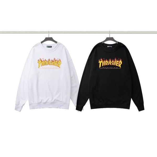 

2021 new special thrasher classic flame letter printed terry men's and women's sweater, Black