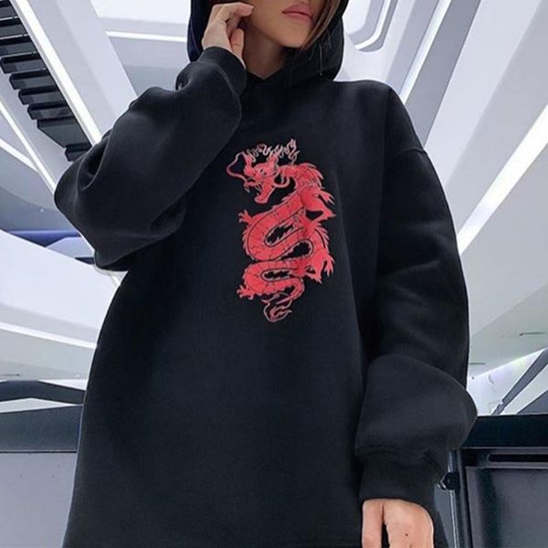 

women's hoodies & sweatshirts women autumn long sleeve vintage chinese dragon graphic print harajuku sweatshirt oversized loose kangaro, Black